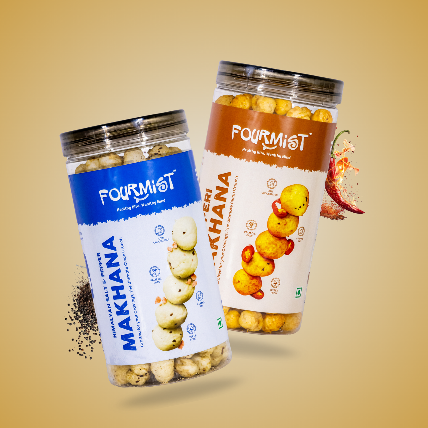 Fourmist classic and spicy makhana combo with Himalayan salt & pepper and peri peri flavours.