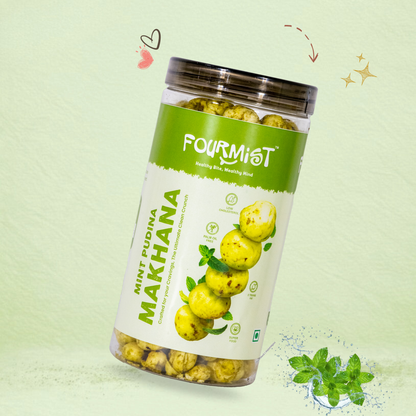 Fourmist Mint Makhana 80g jar- crunchy roasted lotus seeds for regular home snacking.