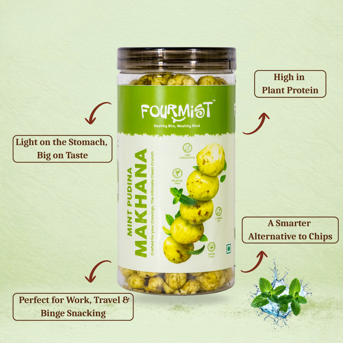 Fourmist Mint Makhana jar showing product features-roasted, vegan, gluten-free snack.