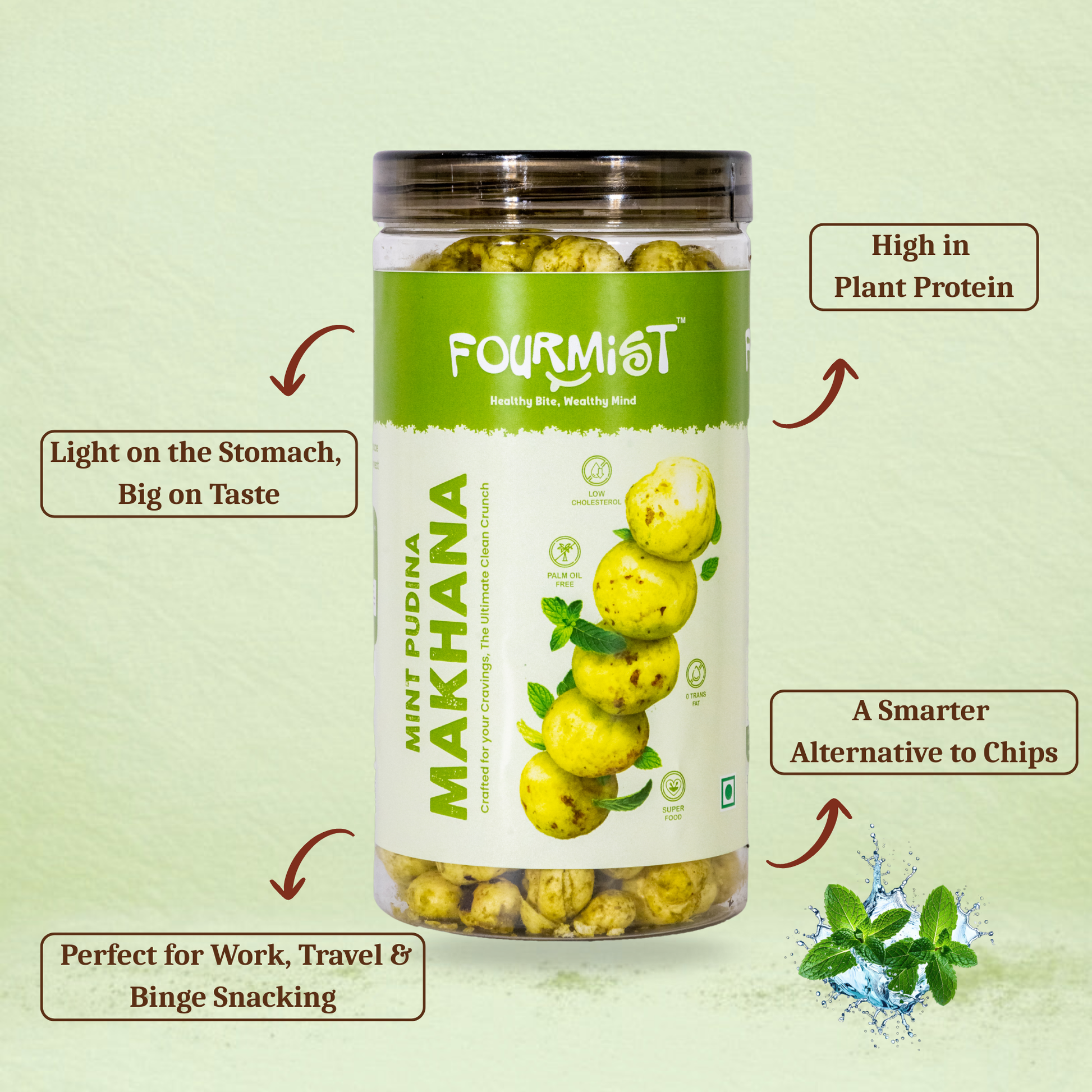 Fourmist Mint Makhana jar showing product features-roasted, vegan, gluten-free snack.