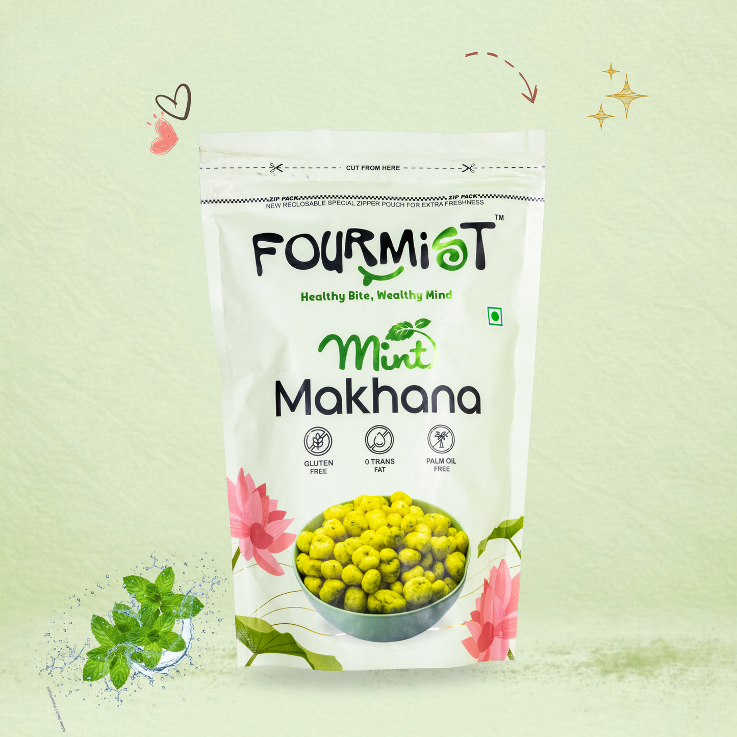 Fourmist Mint Makhana 60g pouch-roasted makhana snack with refreshing mint flavor.