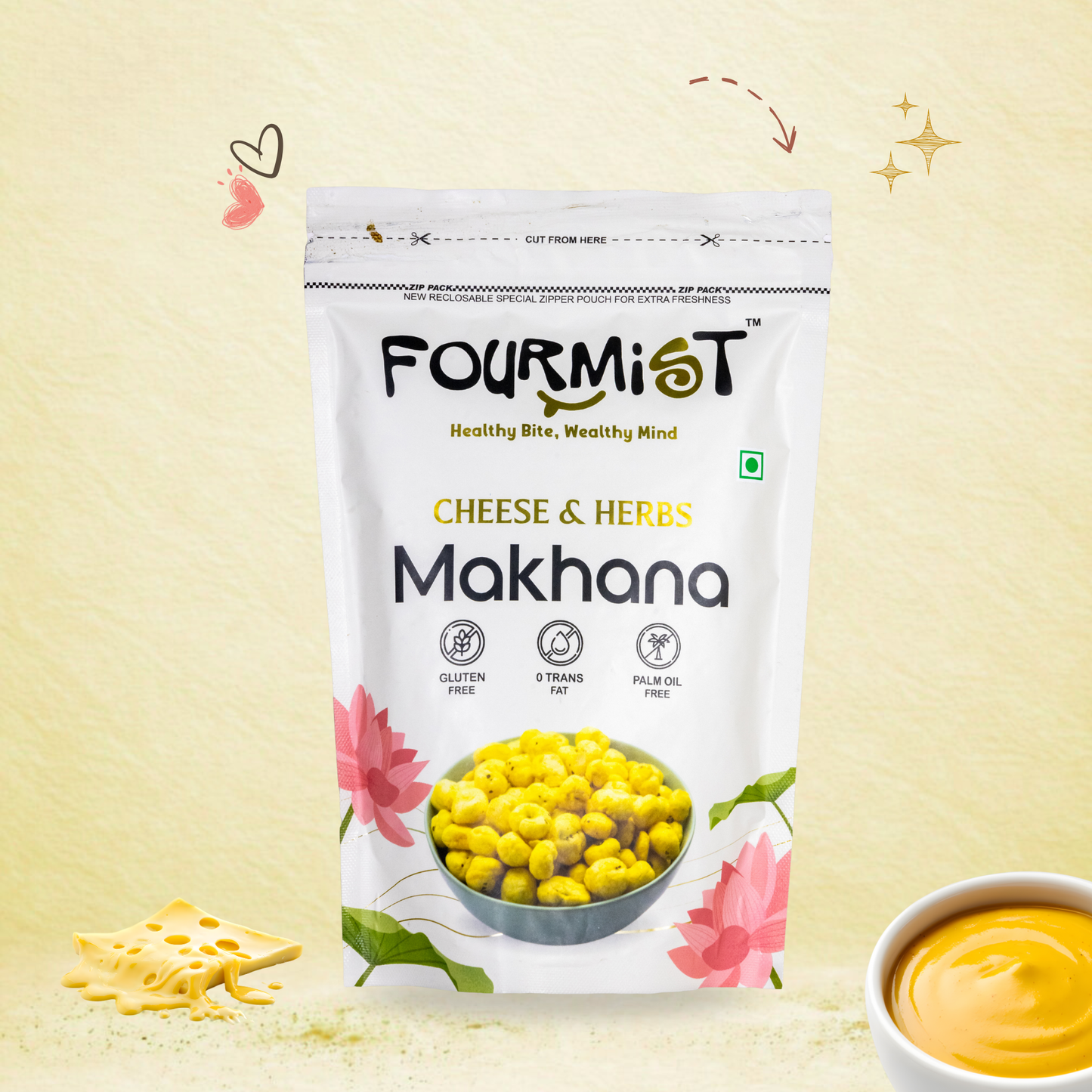 Fourmist Cheese & Herbs Makhana 60g pouch – roasted makhana with cheesy and herby seasoning