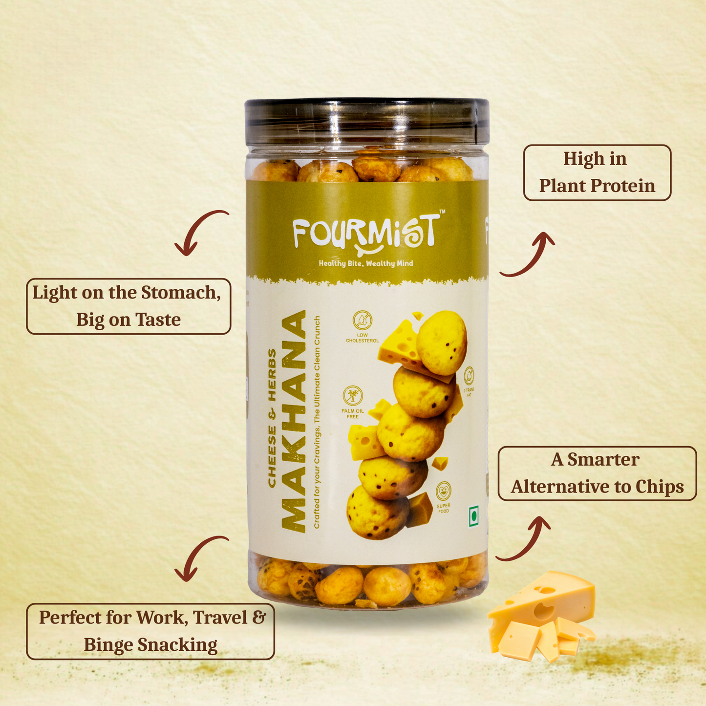 Fourmist Cheese & Herbs Makhana jar showing product features – roasted snack with rich cheese flavour.