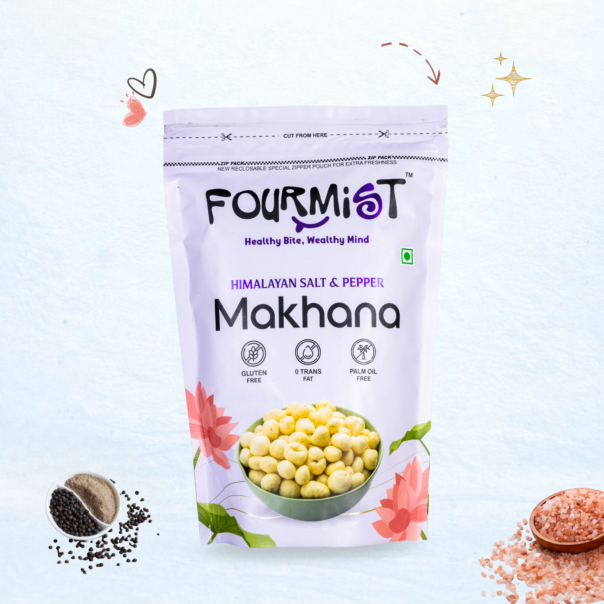 Fourmist Himalayan Salt & Pepper Makhana 60g pouch – roasted makhana with Himalayan salt and pepper