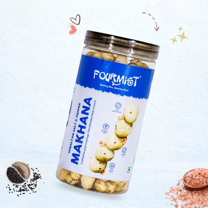 Fourmist Himalayan Salt & Pepper Makhana 80g jar – crunchy roasted lotus seeds for regular home snacking
