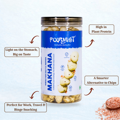 Fourmist Himalayan Salt & Pepper Makhana jar showing product features – roasted, gluten-free, light snack