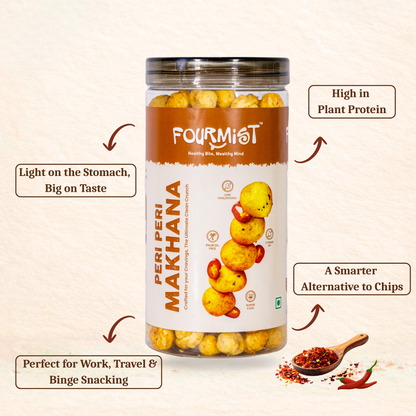 Fourmist Peri Peri Makhana jar showing product features – roasted, spicy, gluten-free snack