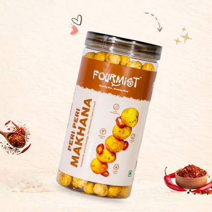 Fourmist Peri Peri Makhana 80g jar – crunchy roasted lotus seeds with bold peri peri flavour