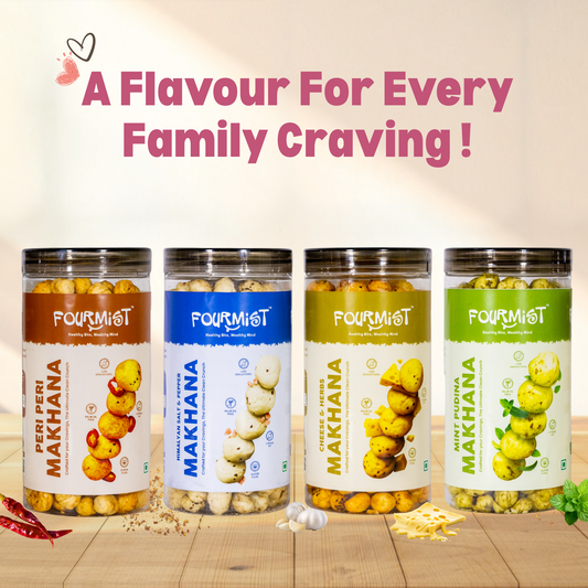 Fourmist family pack combo of roasted makhana in multiple flavours.