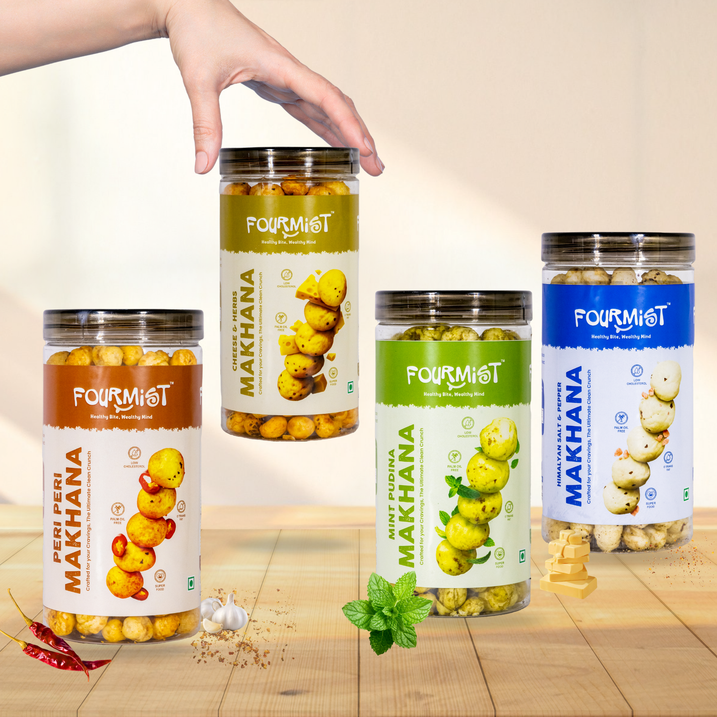 Fourmist makhana family pack combo with multiple flavours in jars for sharing