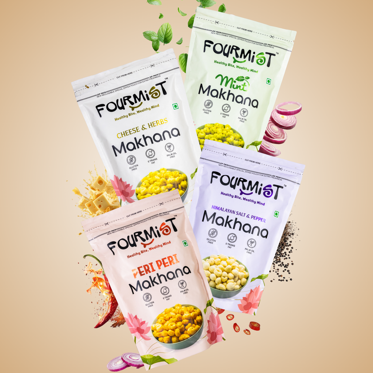 Fourmist roasted makhana in mixed flavours including peri peri, cheese, mint and Himalayan salt & pepper
