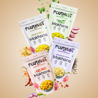Fourmist roasted makhana in mixed flavours including peri peri, cheese, mint and Himalayan salt & pepper
