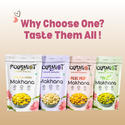 Fourmist makhana variety pack with all flavours – peri peri, cheese, mint and Himalayan salt & pepper.
